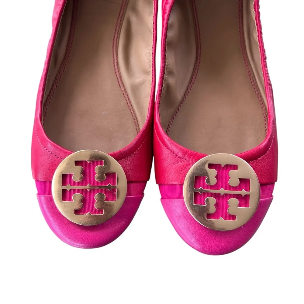 Tory Burch Cap Toe Colorblock Nappa Leather Minnie Ballet Flats Red Azalea Pink